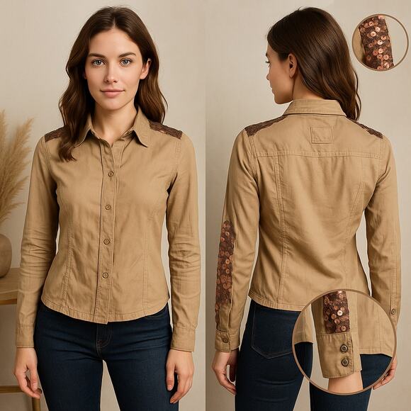 Vntg Da Nang 100% Silk Blouse Sz XS Bronze Sequin Cuff Y2K Boho Resort Wear Top - Picture 2 of 15